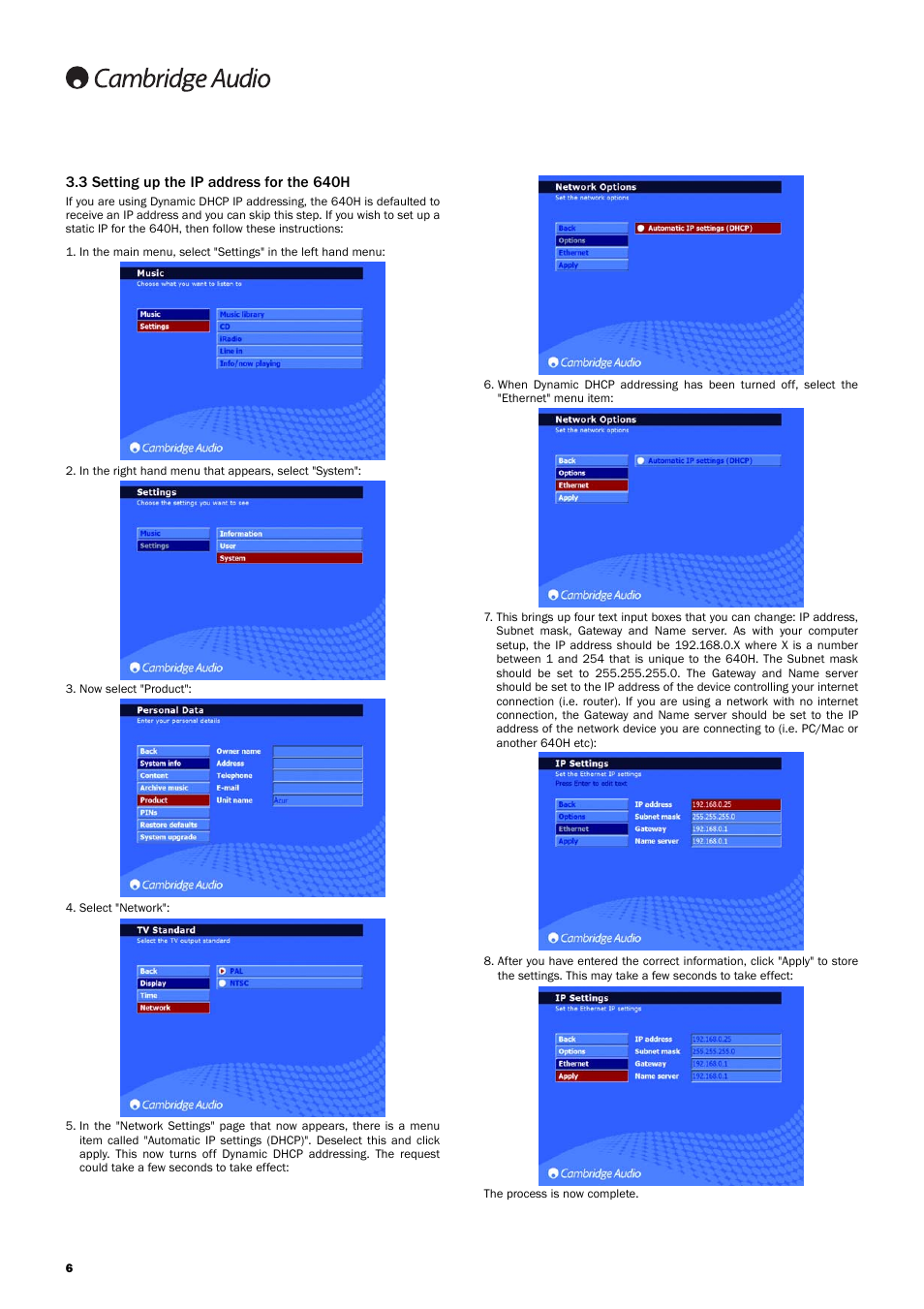 3 setting up the ip address for the 640h | Cambridge Audio 640H Azur User Manual | Page 6 / 15