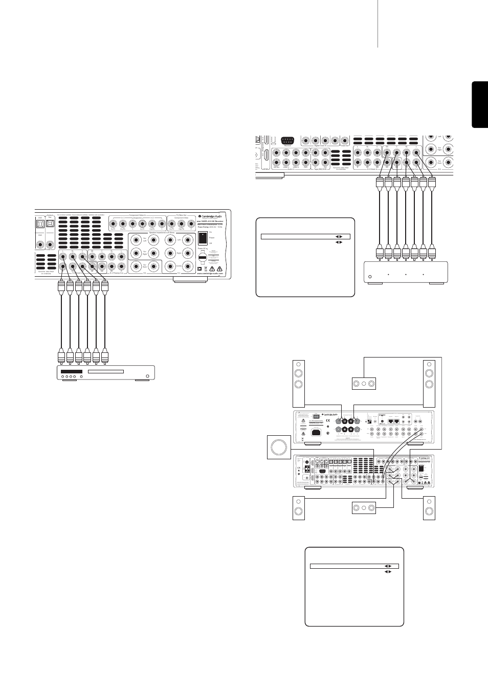 540r v3 azur, 1/6.1 direct in, 1 preamp out | Risk of electric shock. do not open, Risque de choc electrique. ne pas ouvrir, Vorm öffnen des gerätes. netzstecker ziehen, Designed in london, england right left right left | Cambridge Audio Azur 540R V3 User Manual | Page 11 / 24