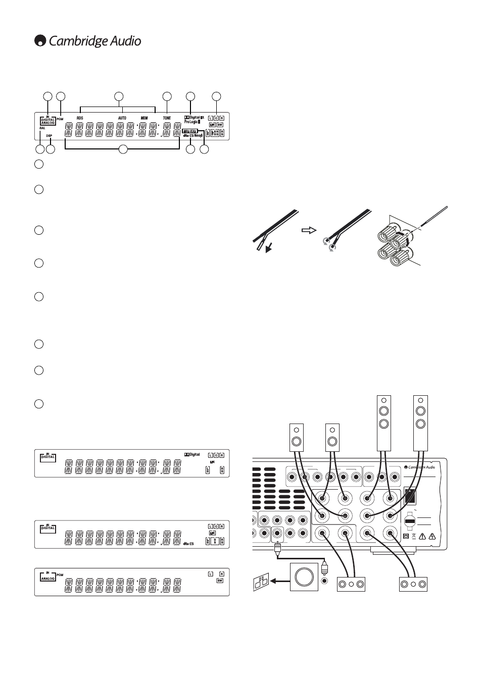 Front panel display, Loudspeaker connections, Digital/analog indicators | Decoding mode indicators, Tuner mode indicators, Tone control indicator, Output channel indicators, Frequency type, Main information display, Balance indicator | Cambridge Audio Azur 540R V3 User Manual | Page 8 / 24