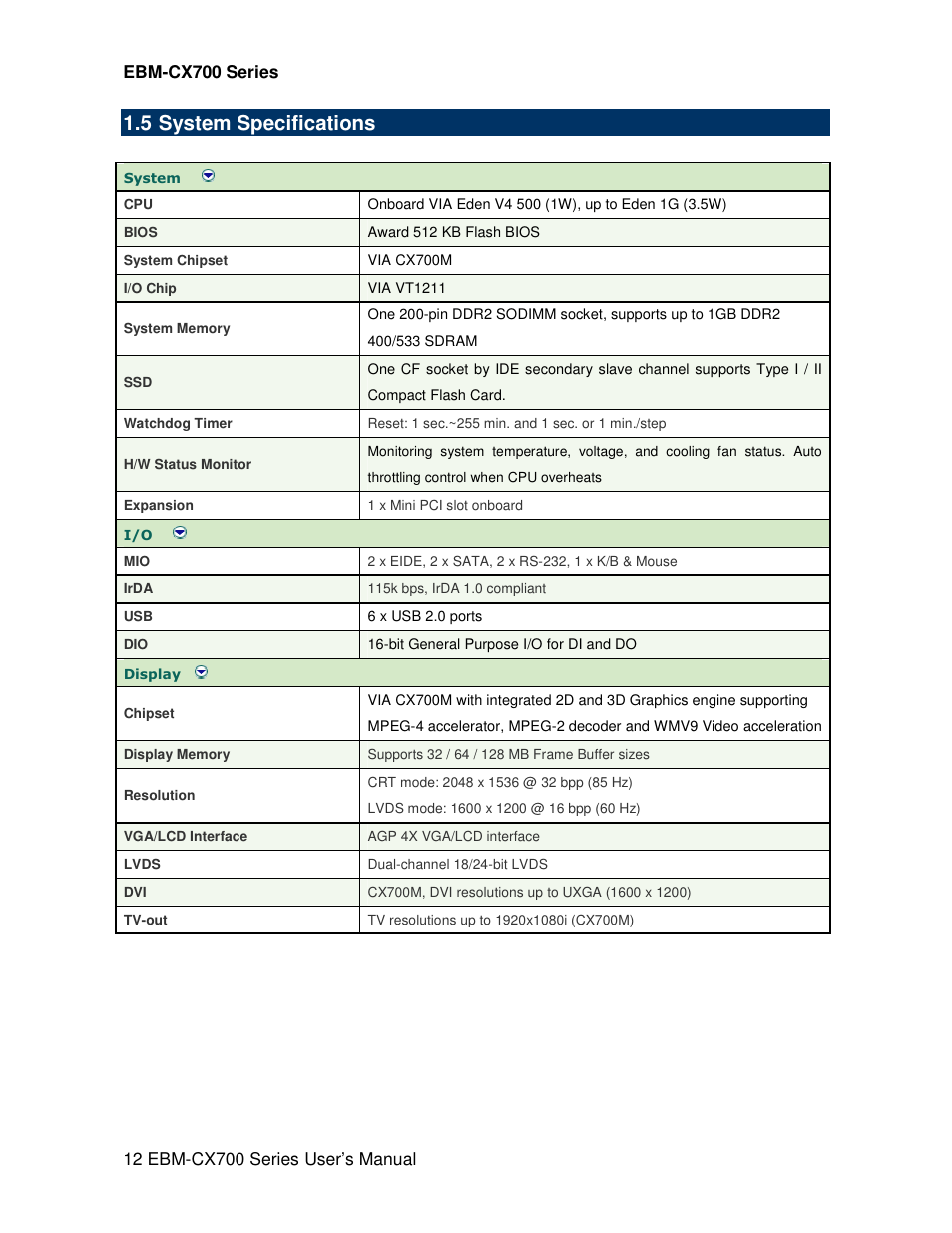 5 system specifications | Avalue EBM-CX700 User Manual | Page 12 / 99