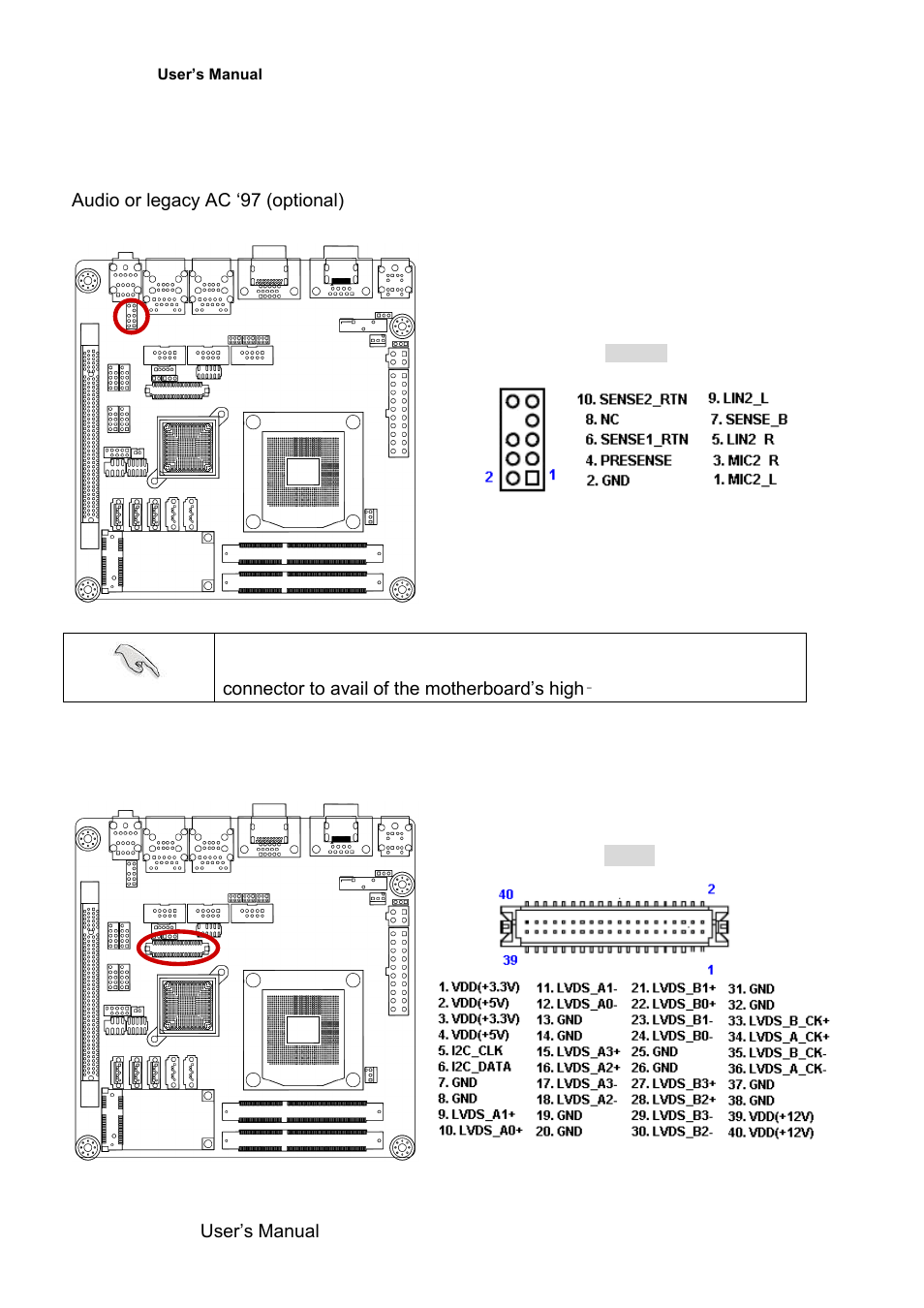 Audio mic.-in & line-out connector (fpaud1), Lvds connector (lvds1) | Avalue EMX-QM67 User Manual | Page 42 / 102