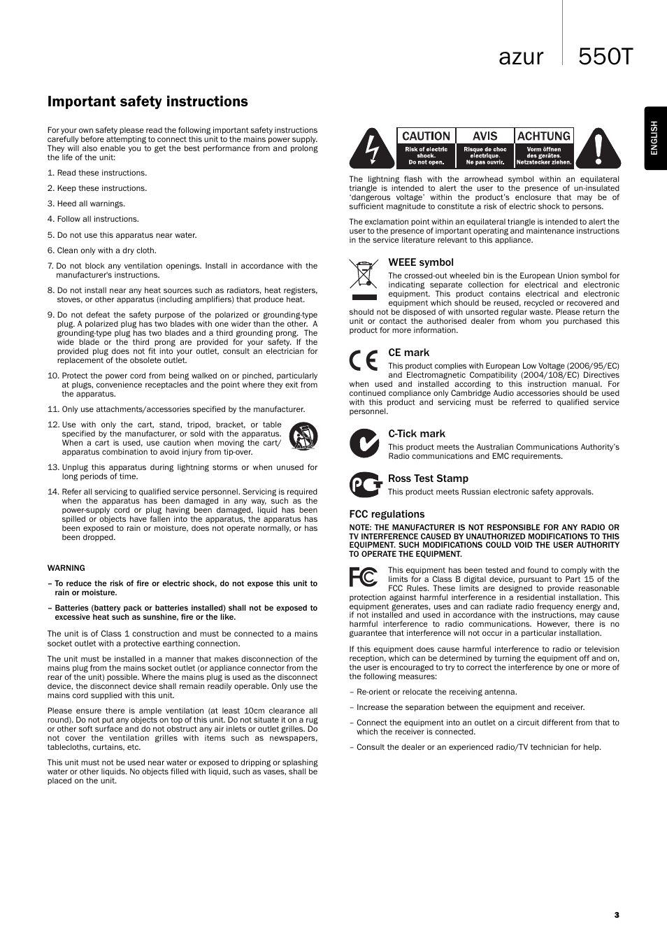 550t azur, Important safety instructions | Cambridge Audio AZUR 550T User Manual | Page 3 / 8