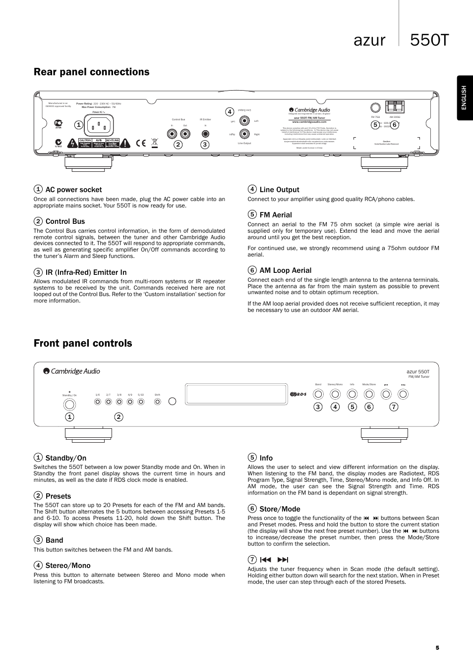 550t azur, Rear panel connections, Front panel controls | Ac power socket, Control bus, Ir (infra-red) emitter in, Line output, Fm aerial, Am loop aerial, Info | Cambridge Audio AZUR 550T User Manual | Page 5 / 8