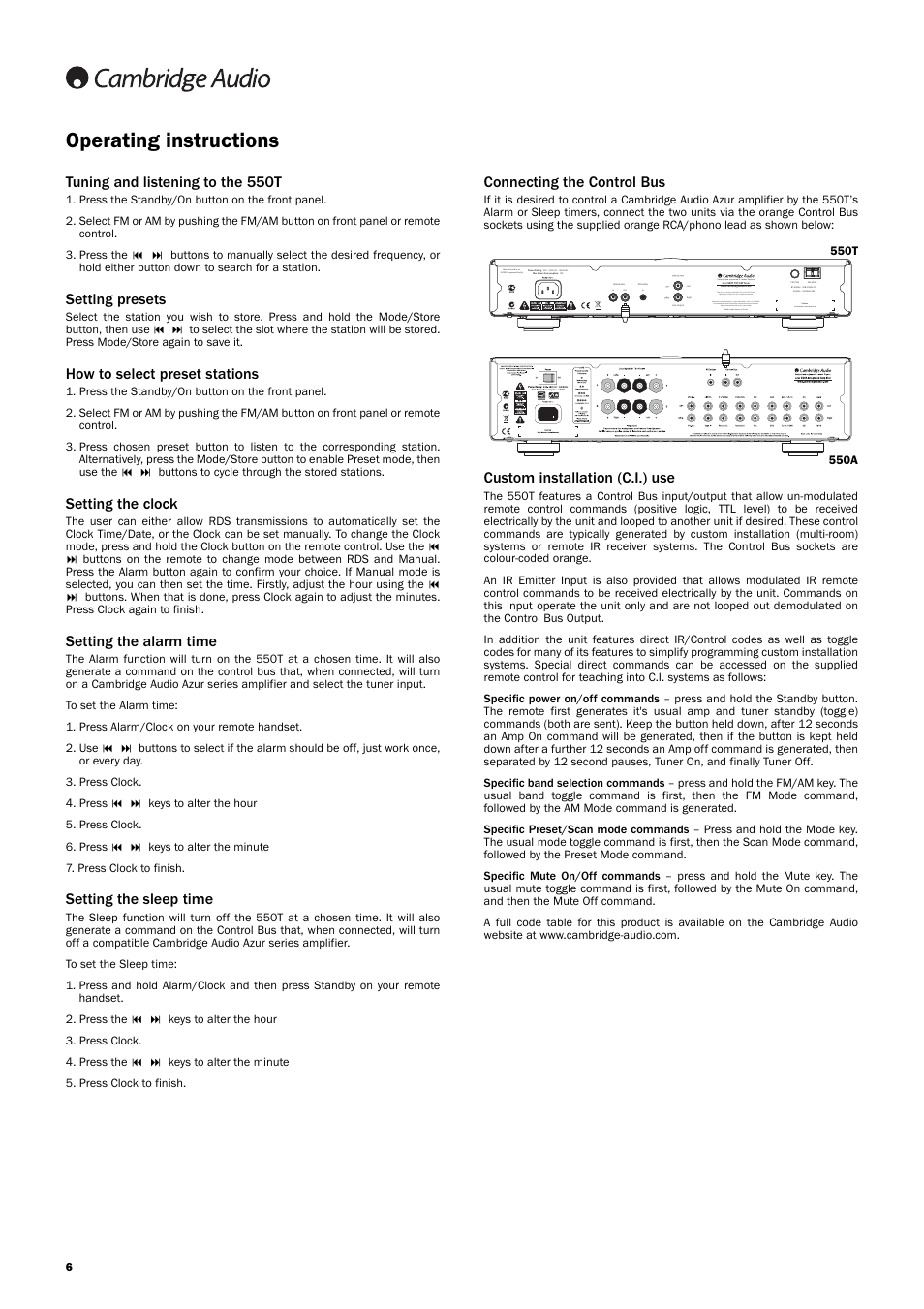 Operating instructions, Tuning and listening to the 550t, Setting presets | How to select preset stations, Setting the clock, Setting the alarm time, Setting the sleep time, Connecting the control bus, Custom installation (c.i.) use, Caution serial number label removed | Cambridge Audio AZUR 550T User Manual | Page 6 / 8