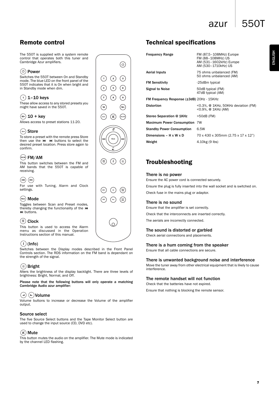 550t azur, Remote control, Technical specifications | Troubleshooting | Cambridge Audio AZUR 550T User Manual | Page 7 / 8