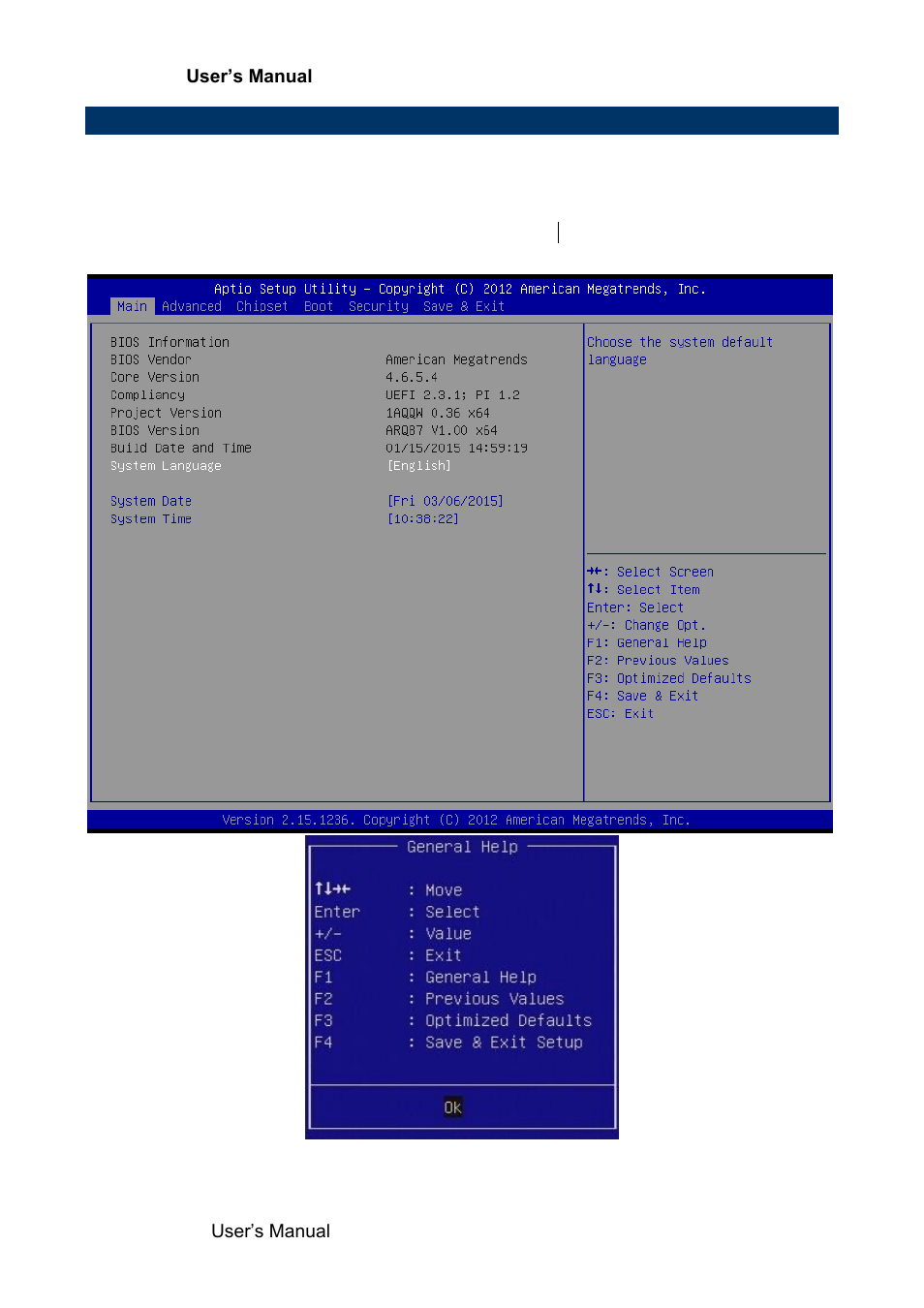 Bios menu screen | Avalue EAX-Q87R User Manual | Page 42 / 82