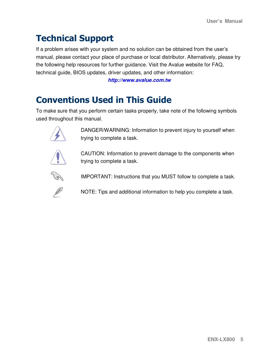 Technical support, Conventions used in this guide | Avalue ENX-LX800 User Manual | Page 5 / 27