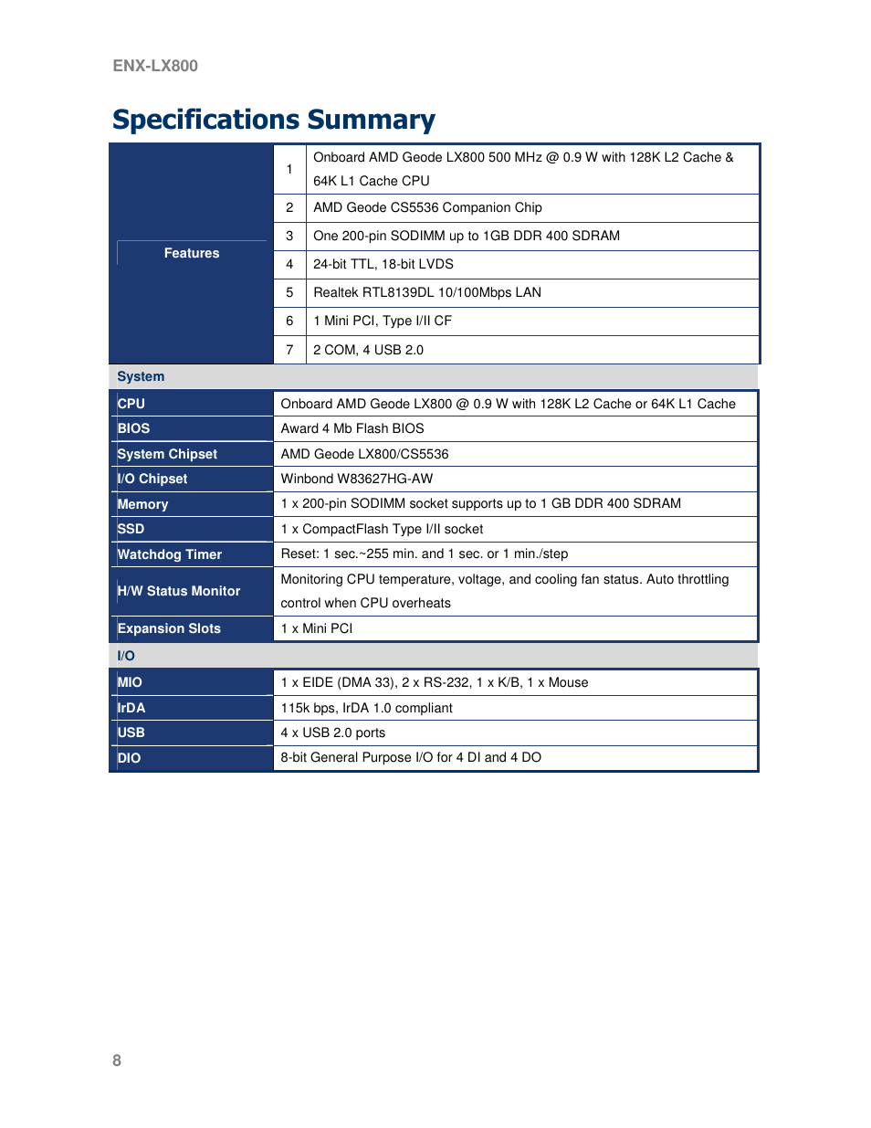Specifications summary | Avalue ENX-LX800 User Manual | Page 8 / 27