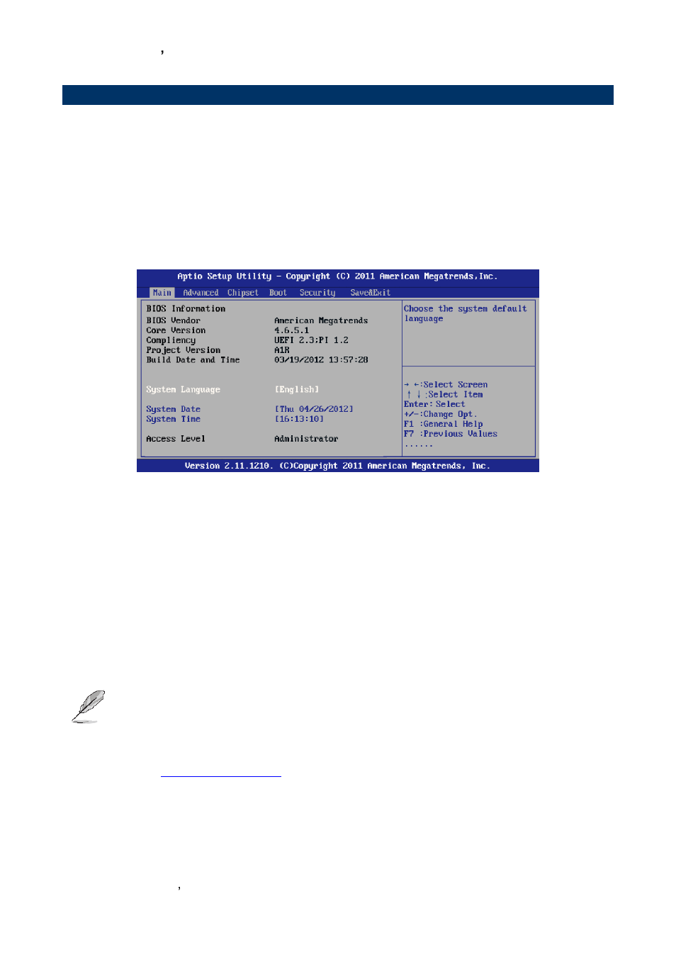 Bios setup, Main menu, System language | System date, System time | Avalue EMX-CDT User Manual | Page 26 / 48