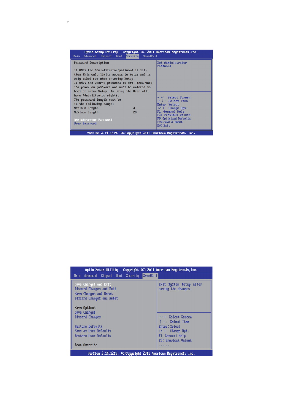 Security, Administrator password, User password | Save & exit | Avalue EMX-CDT User Manual | Page 38 / 48