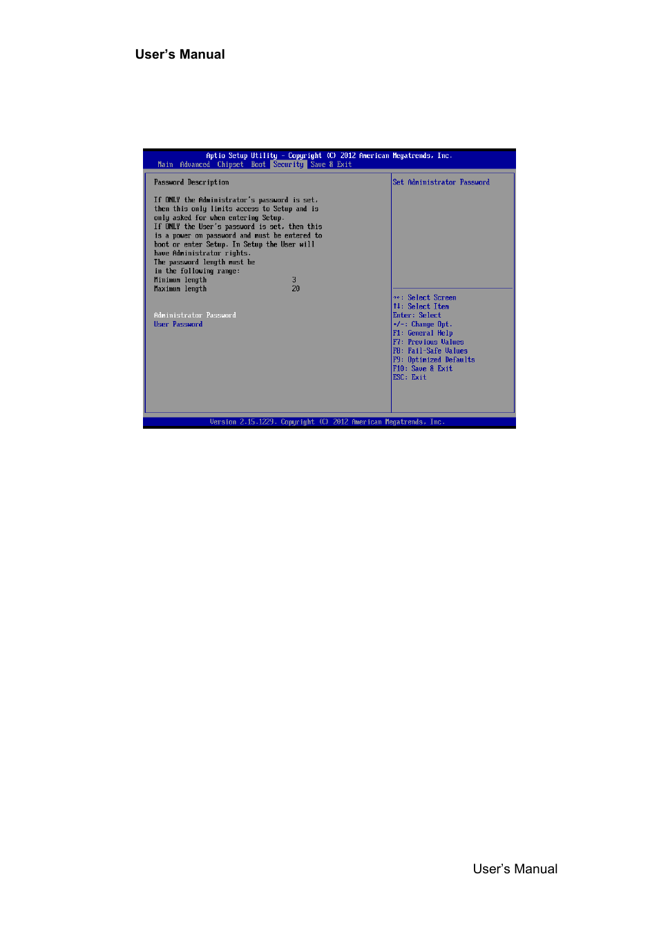 Security, Administrator password, User password | Avalue EMX-NM70 User Manual | Page 45 / 60