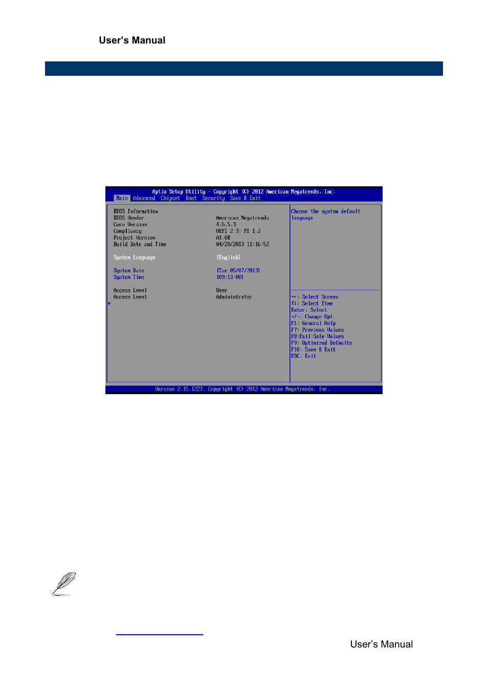 Bios setup, Main menu, System language | System date, System time | Avalue EMX-H61B User Manual | Page 29 / 54