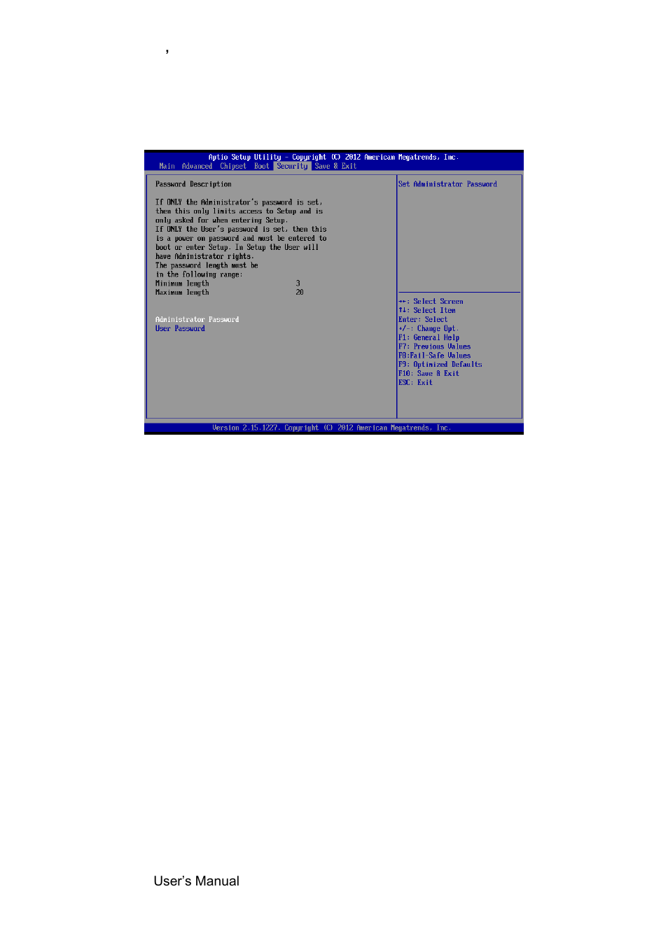 Security, Administrator password, User password | Avalue EMX-H61B User Manual | Page 42 / 54