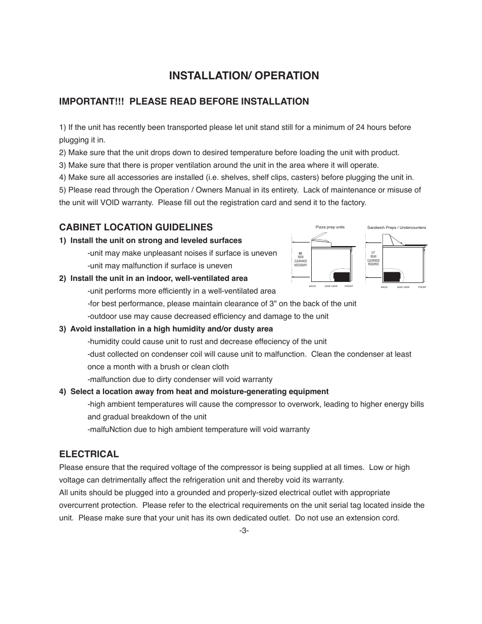 Installation/ operation, Important!!! please read before installation, Cabinet location guidelines | Electrical | ColdTech U1BRR-06S User Manual | Page 3 / 8