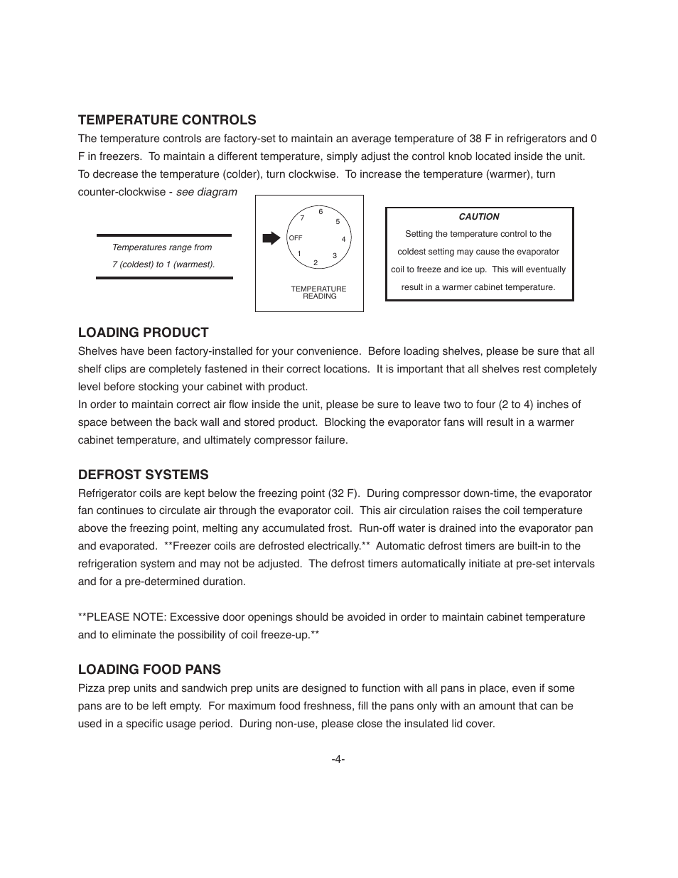 Temperature controls, Loading product, Defrost systems | Loading food pans | ColdTech U1BRR-06S User Manual | Page 4 / 8