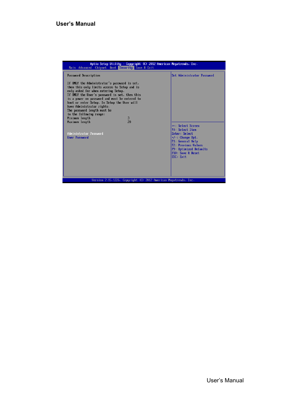 Security, Administrator password, User password | Avalue EMX-CDD User Manual | Page 53 / 65