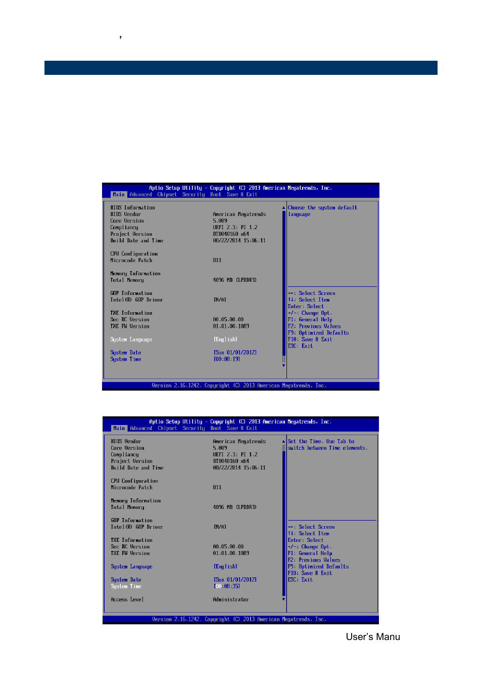 Bios setup, Main menu | Avalue SENX-BYT User Manual | Page 31 / 118