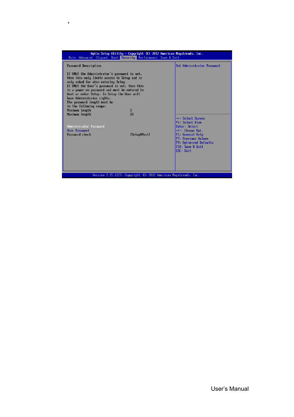 Security, Administrator password, User password | Avalue ERX-B75 User Manual | Page 41 / 56