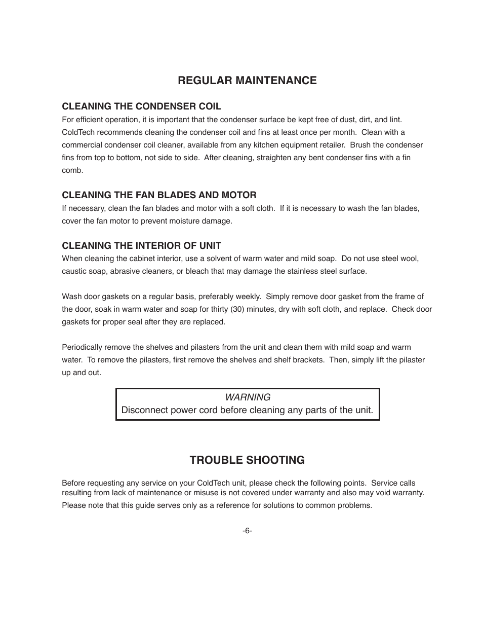 Regular maintenance, Trouble shooting | ColdTech CFD-2F User Manual | Page 6 / 12