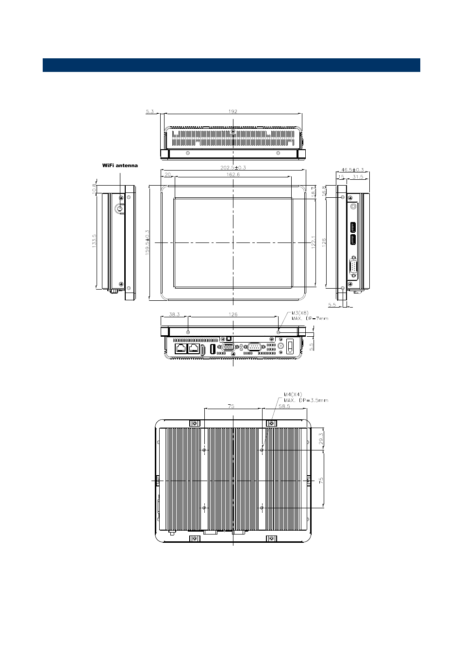 System dimensions, 5 system dimensions, Unit: mm) | Wifi antenna | Avalue LPC-0807 User Manual | Page 8 / 14