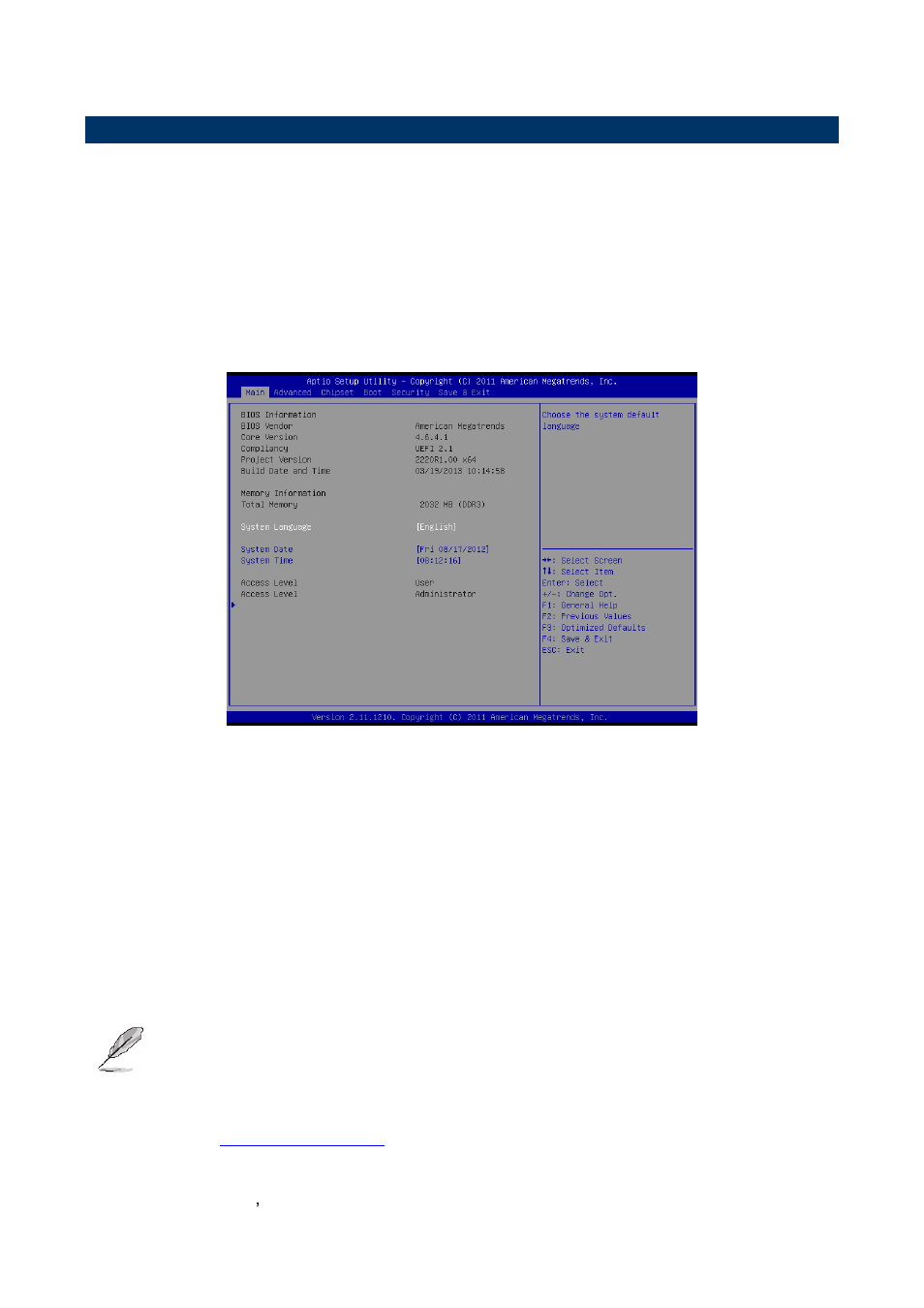 Bios setup, Main menu, System language | System date, System time | Avalue EQM-A50M User Manual | Page 18 / 49