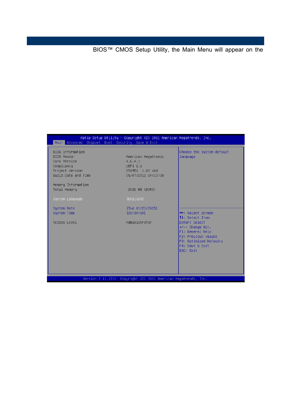 Bios setup, Main menu, System language | System date, System time | Avalue ESM-A50M User Manual | Page 39 / 92