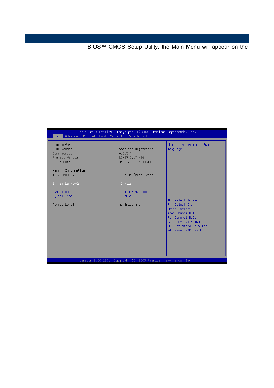 Bios setup, Main menu, System language | System date, System time | Avalue ESM-QM57 User Manual | Page 40 / 83