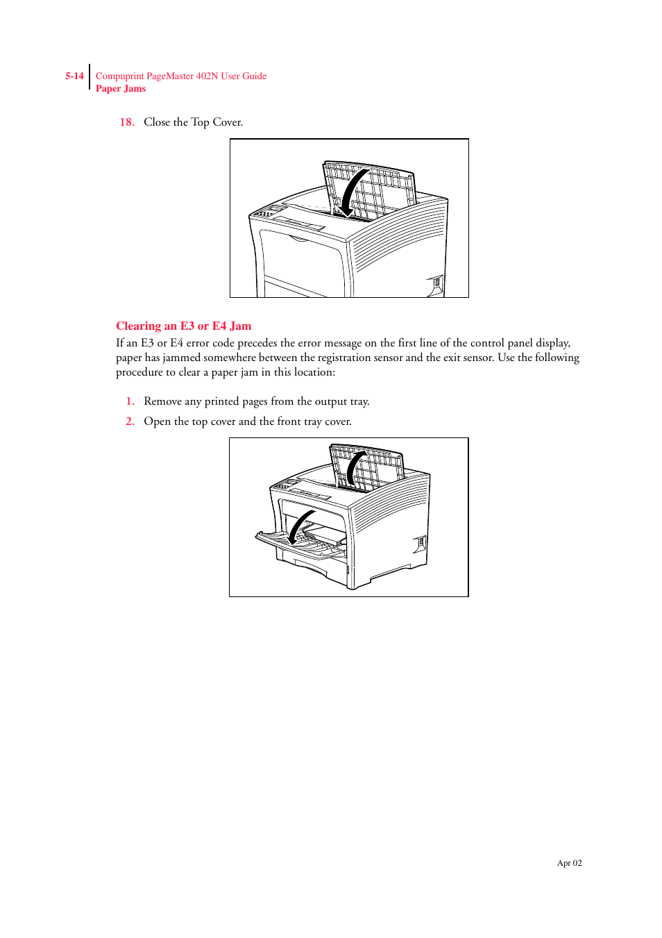 Clearing an e3 or e4 jam, Clearing an e3 or e4 jam 5-14 | CPG PageMaster 402N User Manual | Page 102 / 216