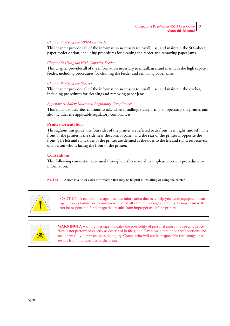 Chapter 7: using the 500-sheet feeder, Chapter 8: using the high capacity feeder, Chapter 9: using the stacker | Appendix a:safety notes and regulatory compliance, Printer orientation, Conventions, Printer orientation 1-3 conventions 1-3 | CPG PageMaster 402N User Manual | Page 11 / 216