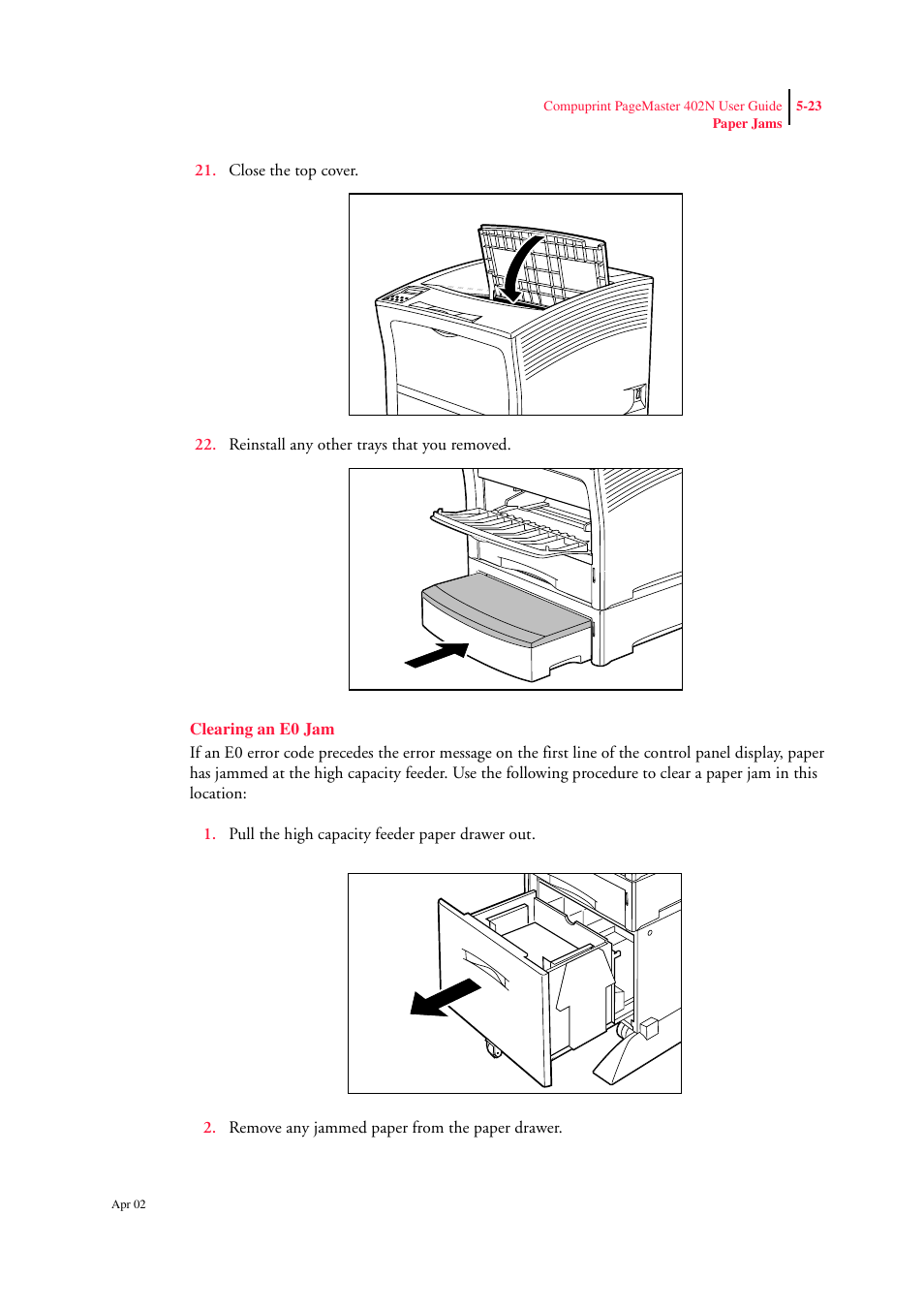 Clearing an e0 jam, Clearing an e0 jam 5-23 | CPG PageMaster 402N User Manual | Page 111 / 216