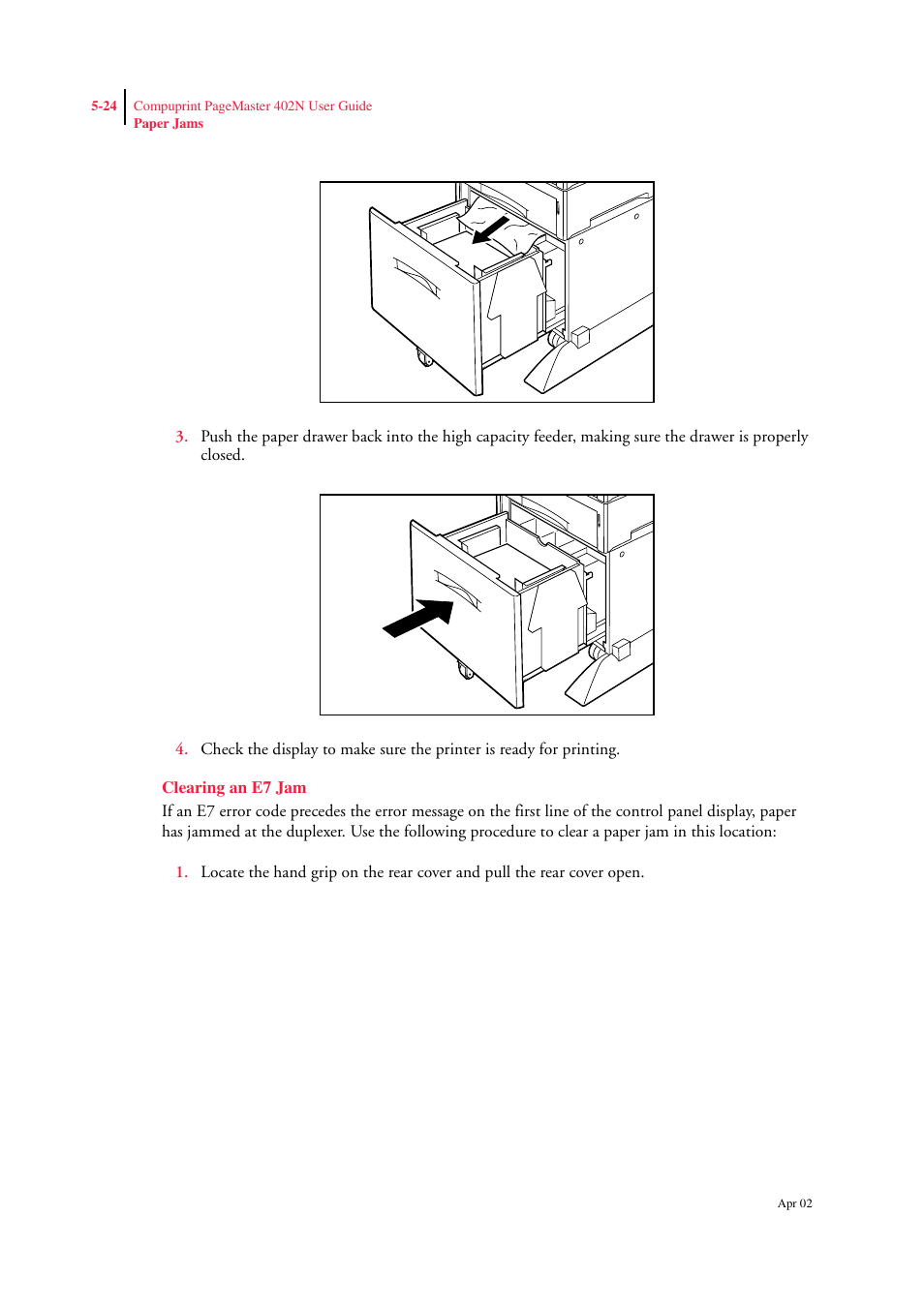 Clearing an e7 jam, Clearing an e7 jam 5-24 | CPG PageMaster 402N User Manual | Page 112 / 216