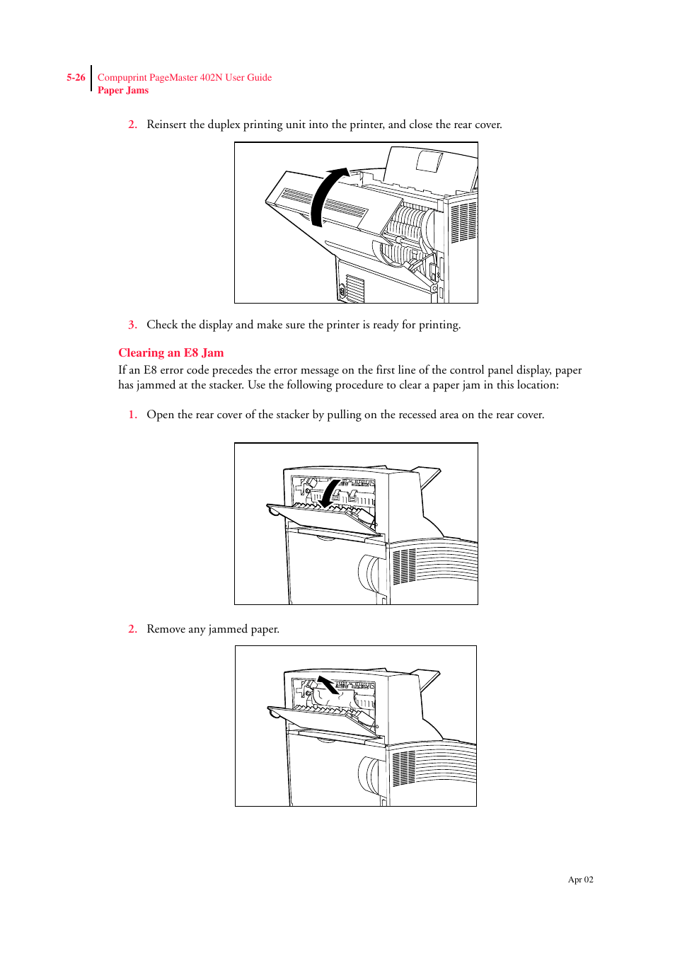 Clearing an e8 jam, Clearing an e8 jam 5-26 | CPG PageMaster 402N User Manual | Page 114 / 216