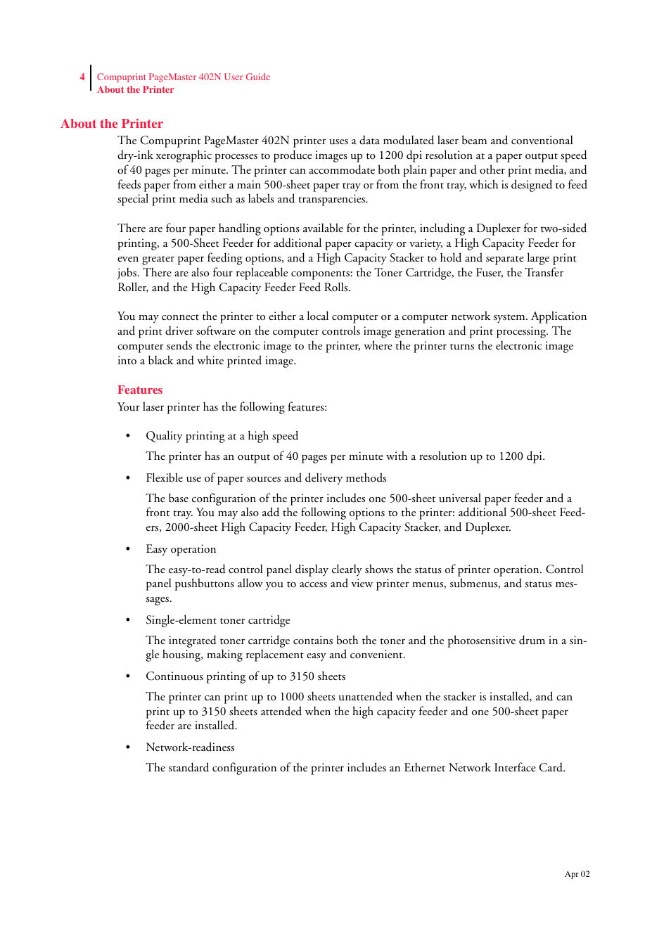 About the printer, Features, About the printer 1-4 | Features 1-4 | CPG PageMaster 402N User Manual | Page 12 / 216