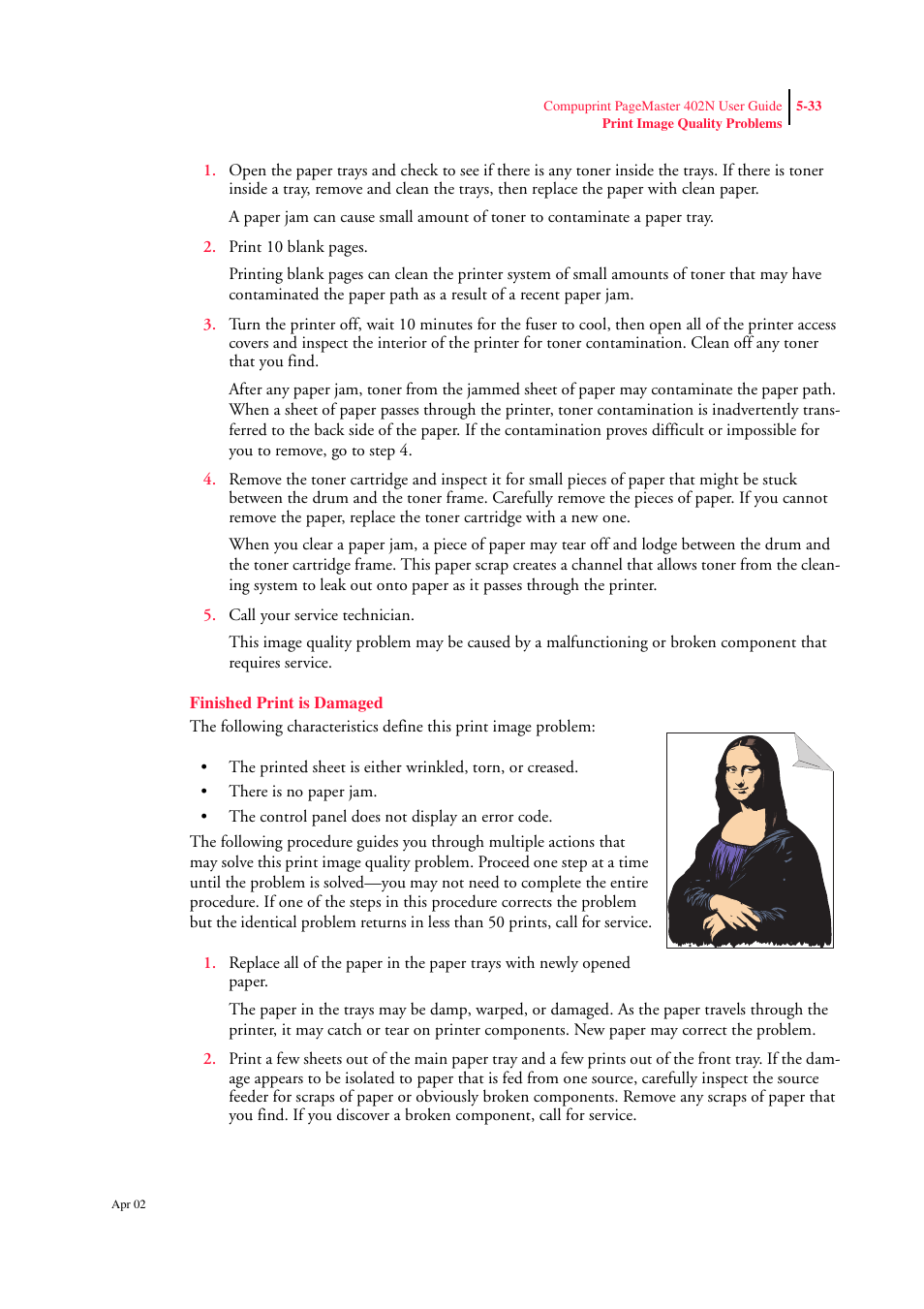 Finished print is damaged, Finished print is damaged 5-33 | CPG PageMaster 402N User Manual | Page 121 / 216