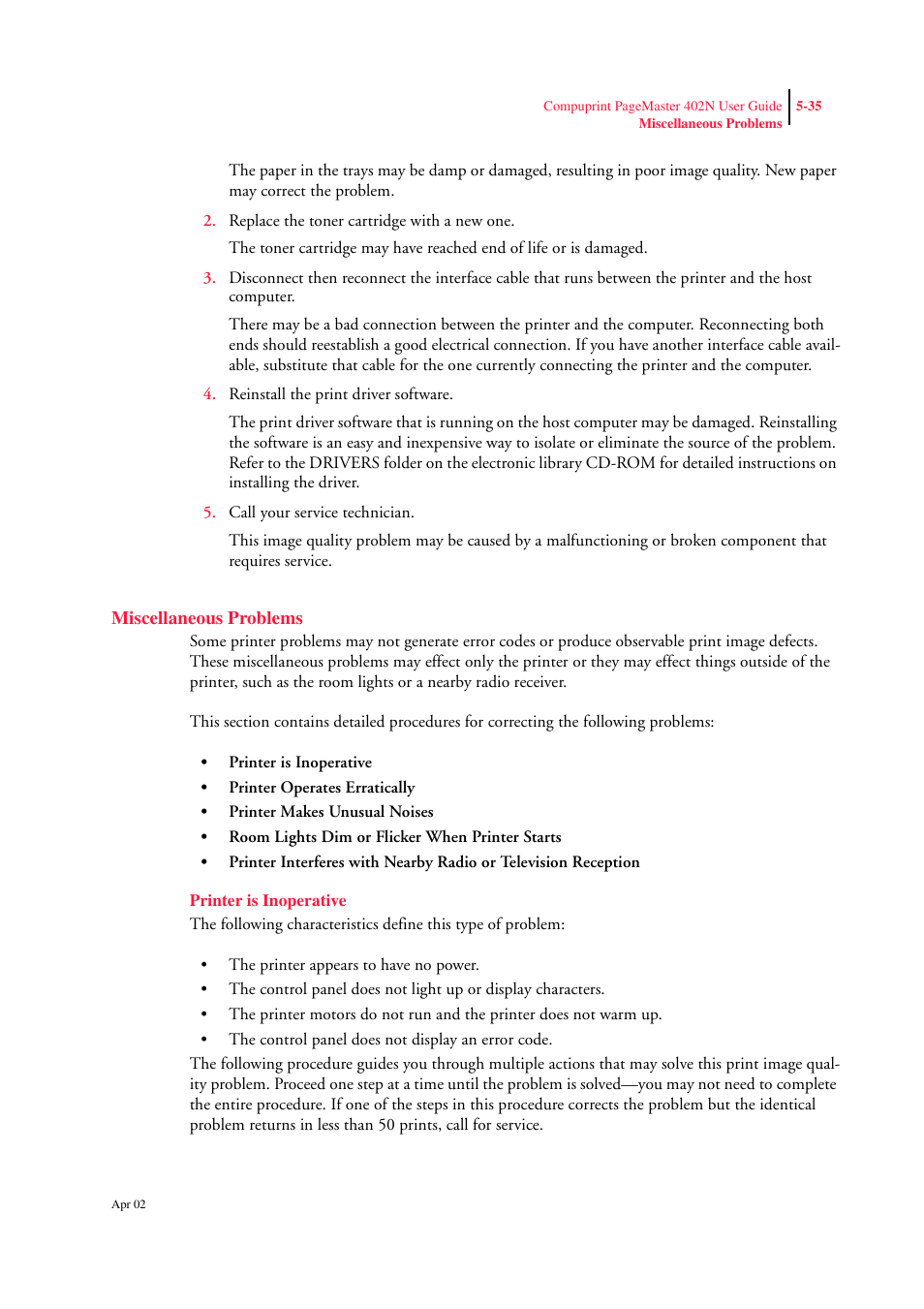 Miscellaneous problems, Printer is inoperative, Miscellaneous problems 5-35 | Printer is inoperative 5-35 | CPG PageMaster 402N User Manual | Page 123 / 216