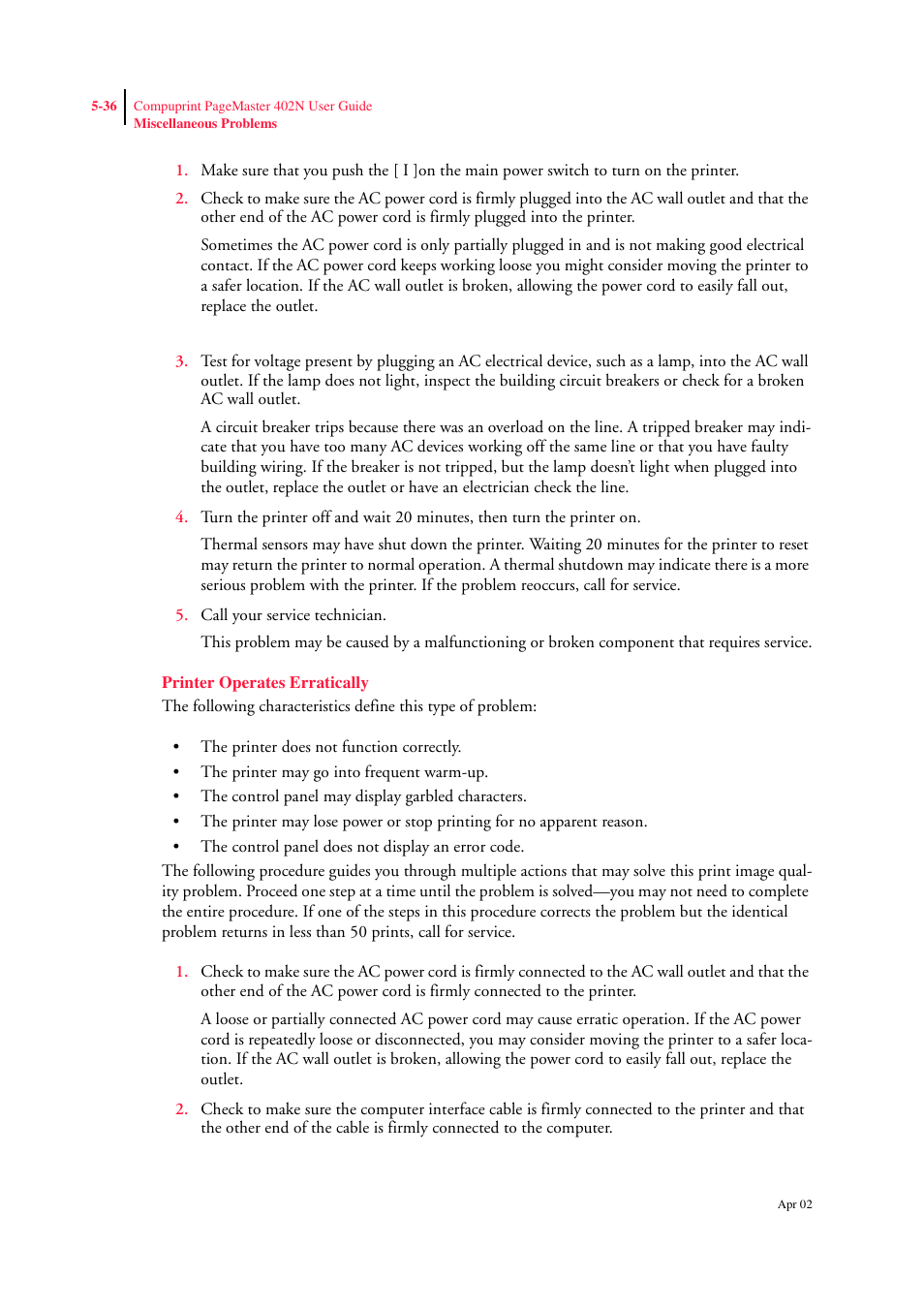 Printer operates erratically, Printer operates erratically 5-36 | CPG PageMaster 402N User Manual | Page 124 / 216