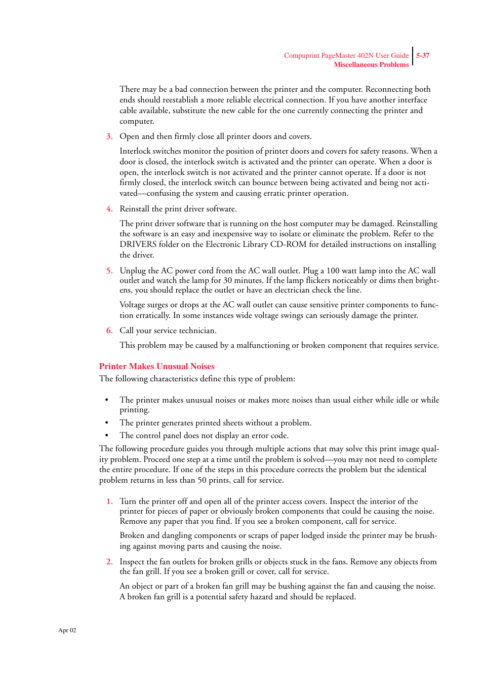 Printer makes unusual noises, Printer makes unusual noises 5-37 | CPG PageMaster 402N User Manual | Page 125 / 216