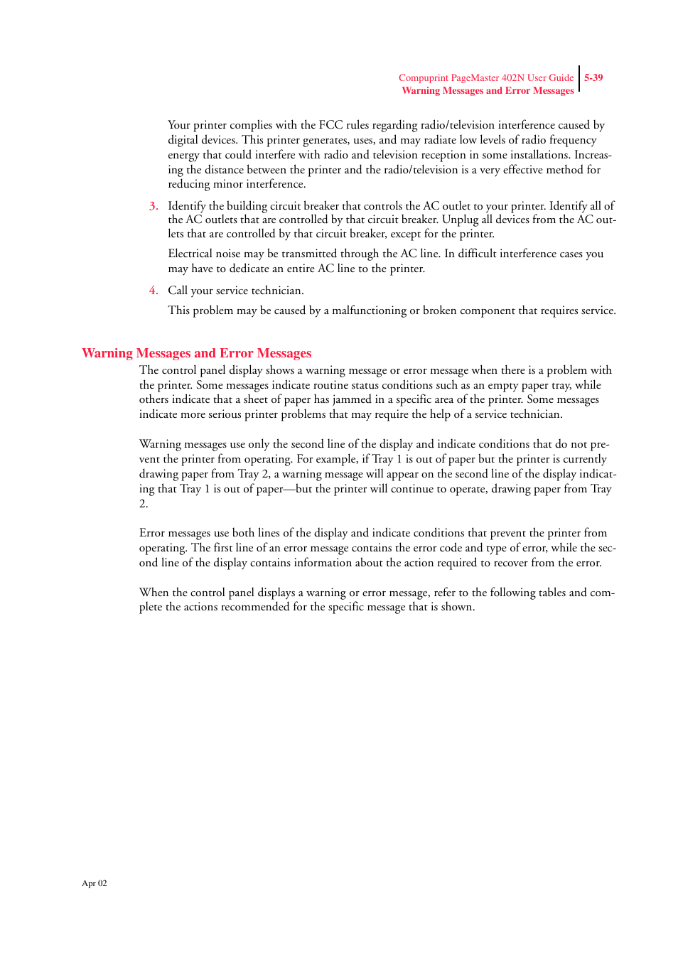 Warning messages and error messages, Warning messages and error messages 5-39, And c | CPG PageMaster 402N User Manual | Page 127 / 216