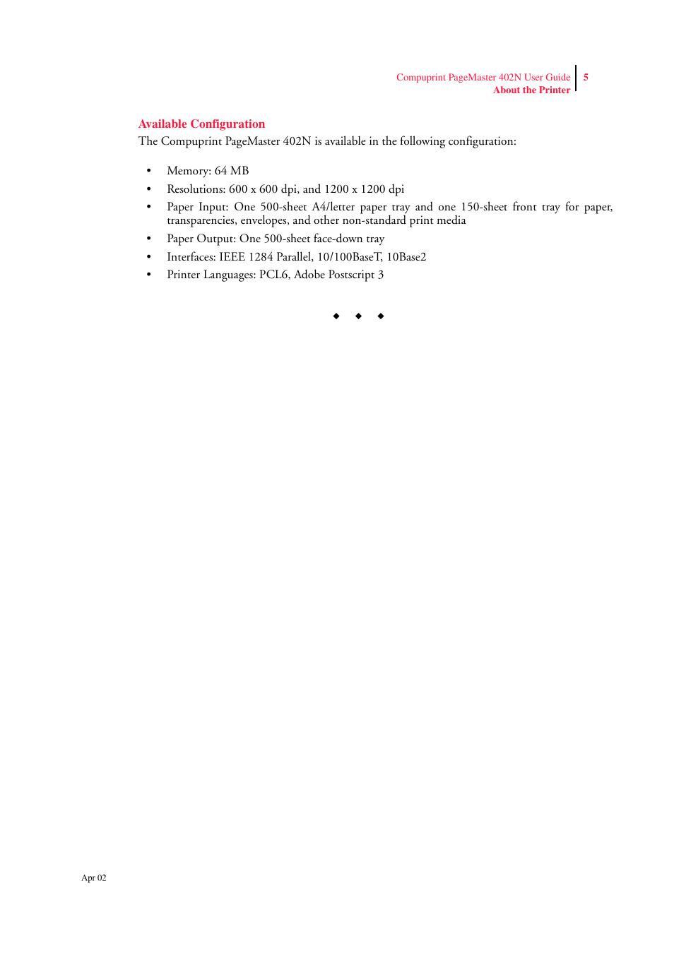 Available configuration, Available configuration 1-5 | CPG PageMaster 402N User Manual | Page 13 / 216