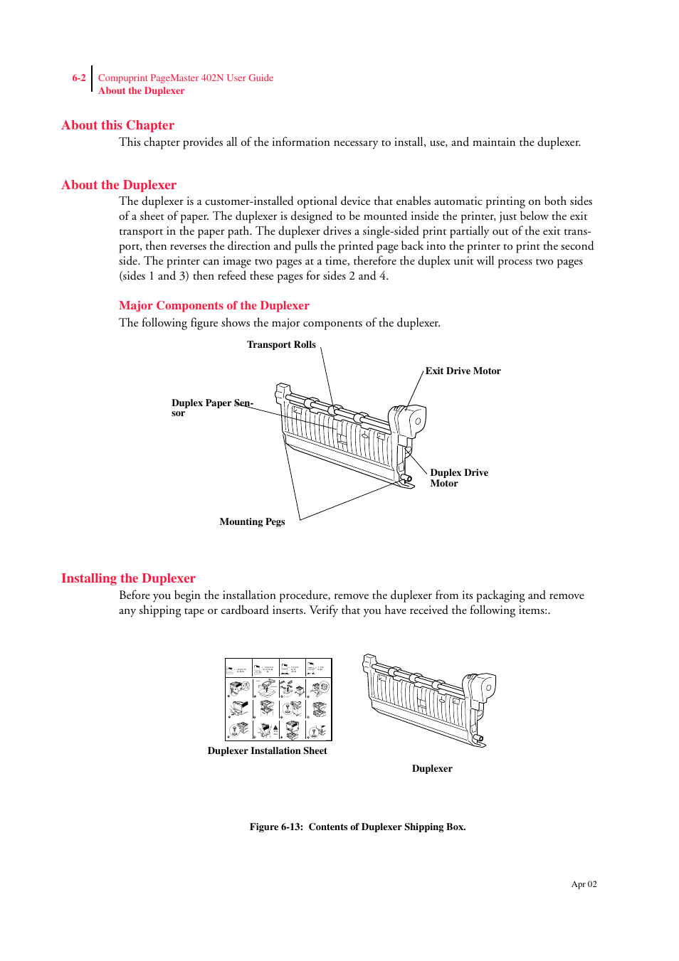 About this chapter, About the duplexer, Major components of the duplexer | Installing the duplexer, About the duplexer 6-2, Major components of the duplexer 6-2, Installing the duplexer 6-2, A4 / ltr a3 / tabloid, Duplexer installation sheet duplexer, Apr 02 | CPG PageMaster 402N User Manual | Page 132 / 216