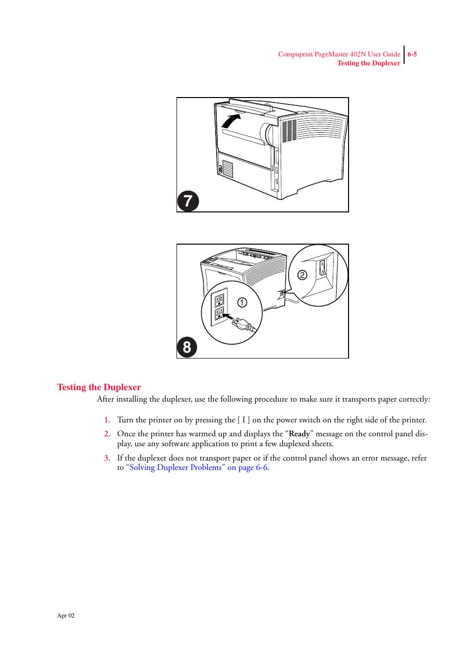 Testing the duplexer, Testing the duplexer 6-5 | CPG PageMaster 402N User Manual | Page 135 / 216