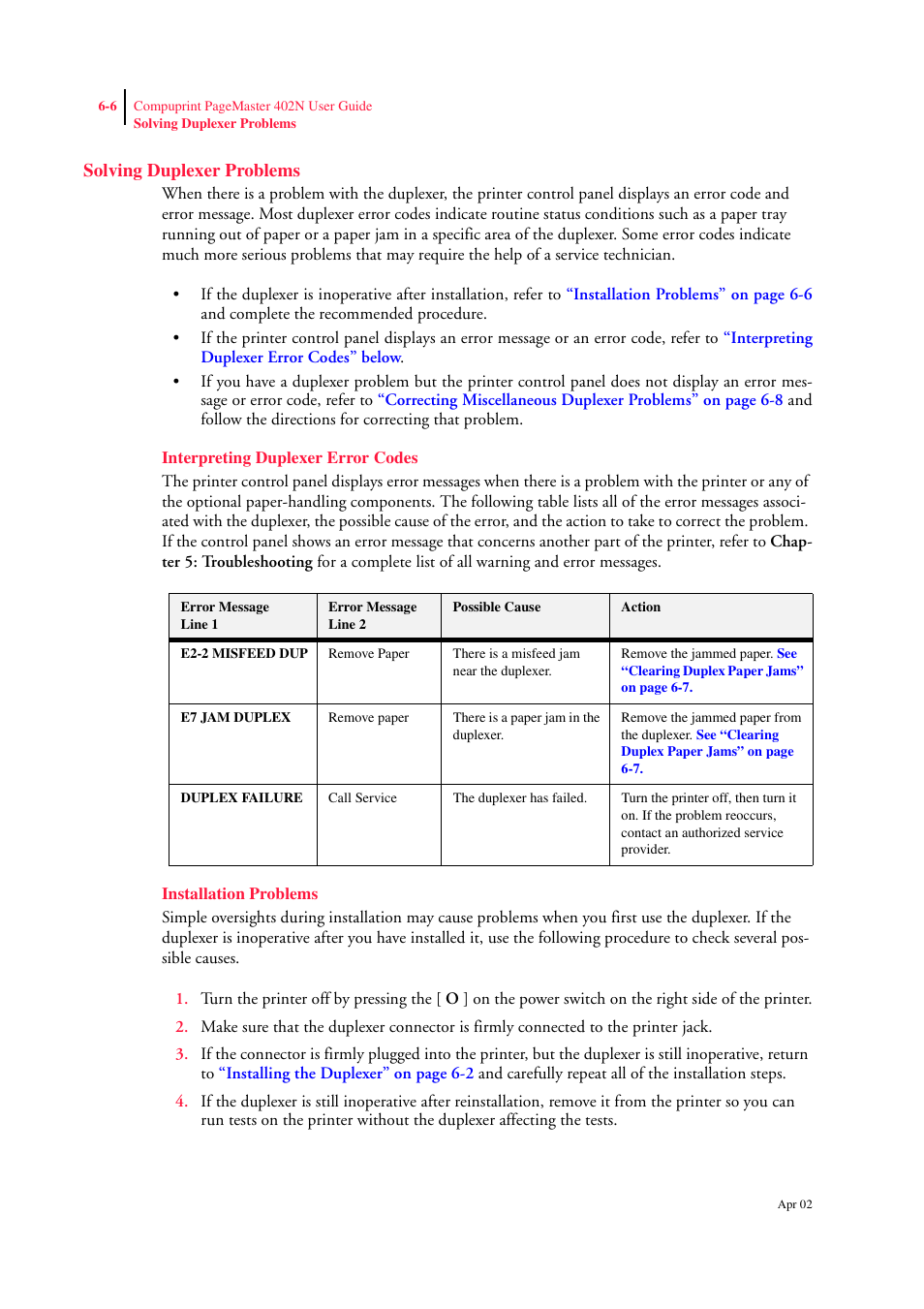 Solving duplexer problems, Interpreting duplexer error codes, Installation problems | Solving duplexer problems 6-6 | CPG PageMaster 402N User Manual | Page 136 / 216