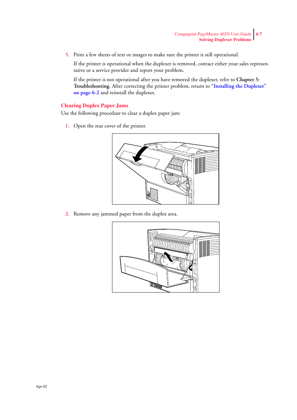 Clearing duplex paper jams, Clearing duplex paper jams 6-7, See “clearing | CPG PageMaster 402N User Manual | Page 137 / 216