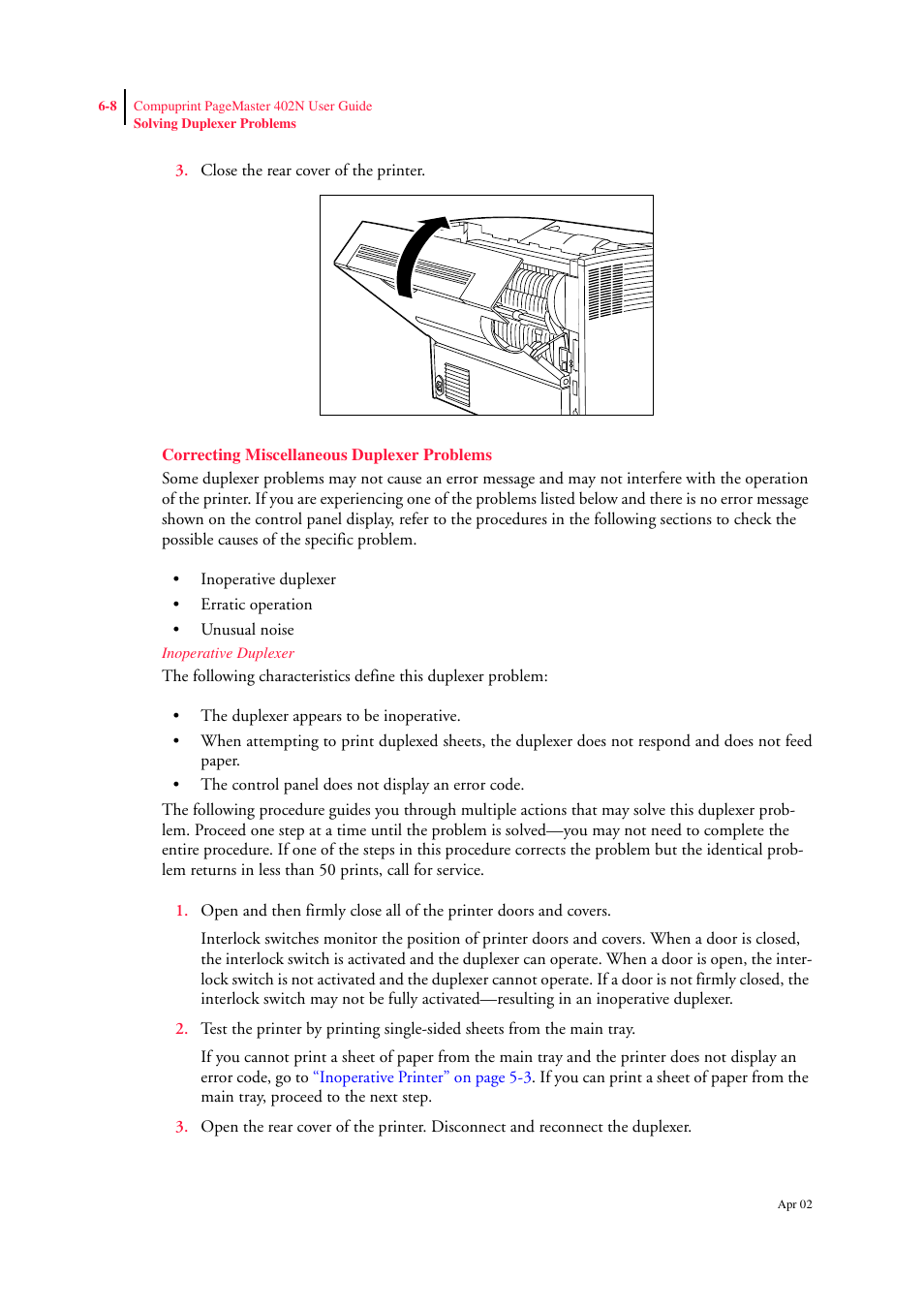 Correcting miscellaneous duplexer problems, Inoperative duplexer, Correcting miscellaneous duplexer problems 6-8 | CPG PageMaster 402N User Manual | Page 138 / 216