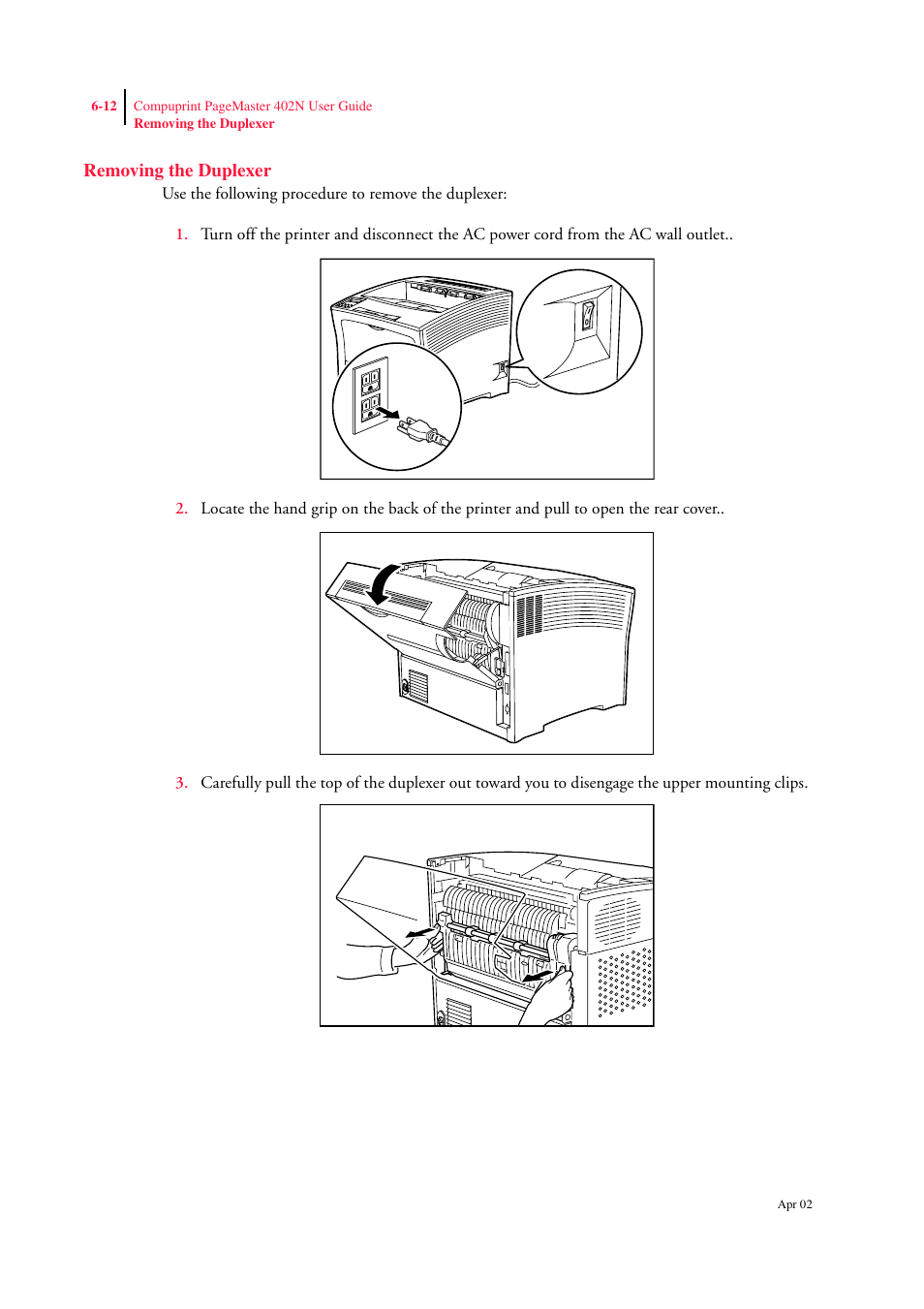 Removing the duplexer, Removing the duplexer 6-12 | CPG PageMaster 402N User Manual | Page 142 / 216