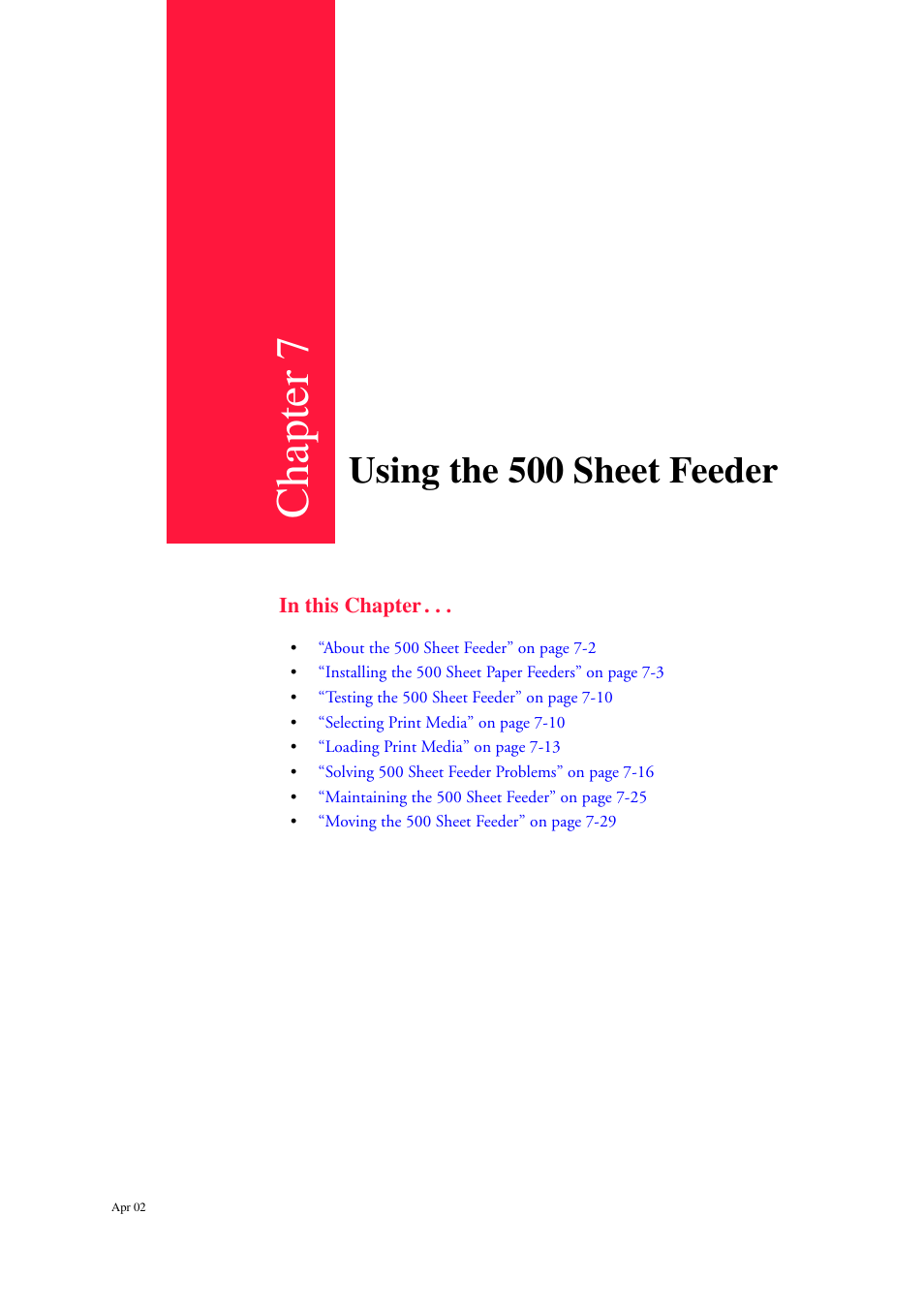 Using the 500 sheet feeder, Using the 500 sheet feeder 7-1, Chapter 7 | CPG PageMaster 402N User Manual | Page 145 / 216