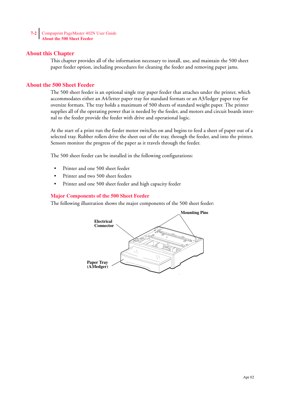 About this chapter, About the 500 sheet feeder, Major components of the 500 sheet feeder | About the 500 sheet feeder 7-2, Major components of the 500 sheet feeder 7-2 | CPG PageMaster 402N User Manual | Page 146 / 216