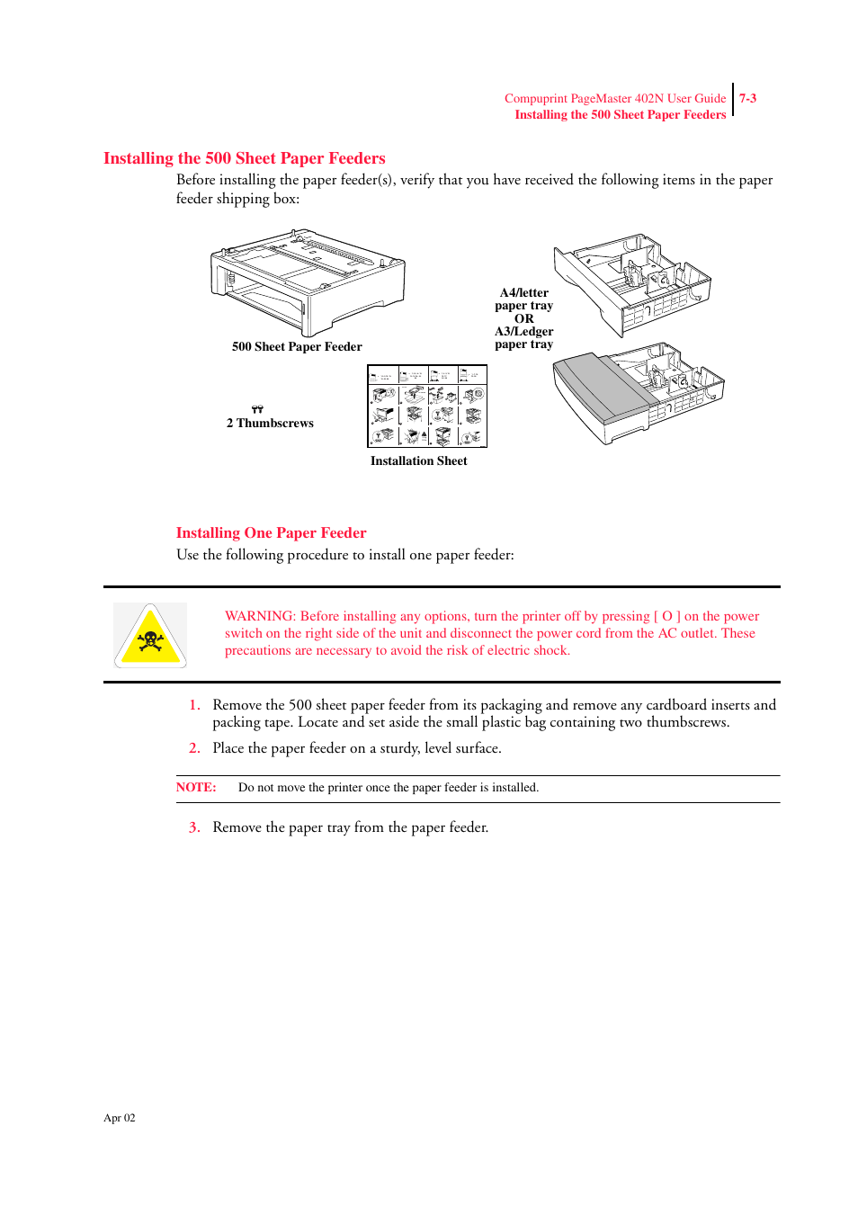 Installing the 500 sheet paper feeders, Installing one paper feeder, Installing the 500 sheet paper feeders 7-3 | Installing one paper feeder 7-3, Remove the paper tray from the paper feeder, A4 / ltr a3 / tabloid | CPG PageMaster 402N User Manual | Page 147 / 216