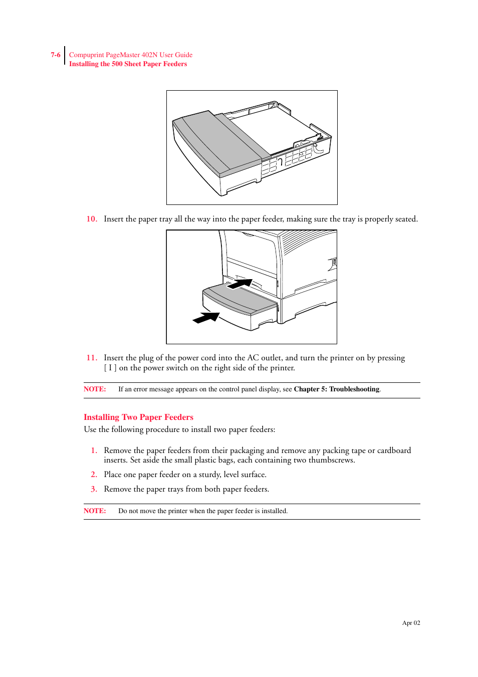 Installing two paper feeders, Installing two paper feeders 7-6 | CPG PageMaster 402N User Manual | Page 150 / 216