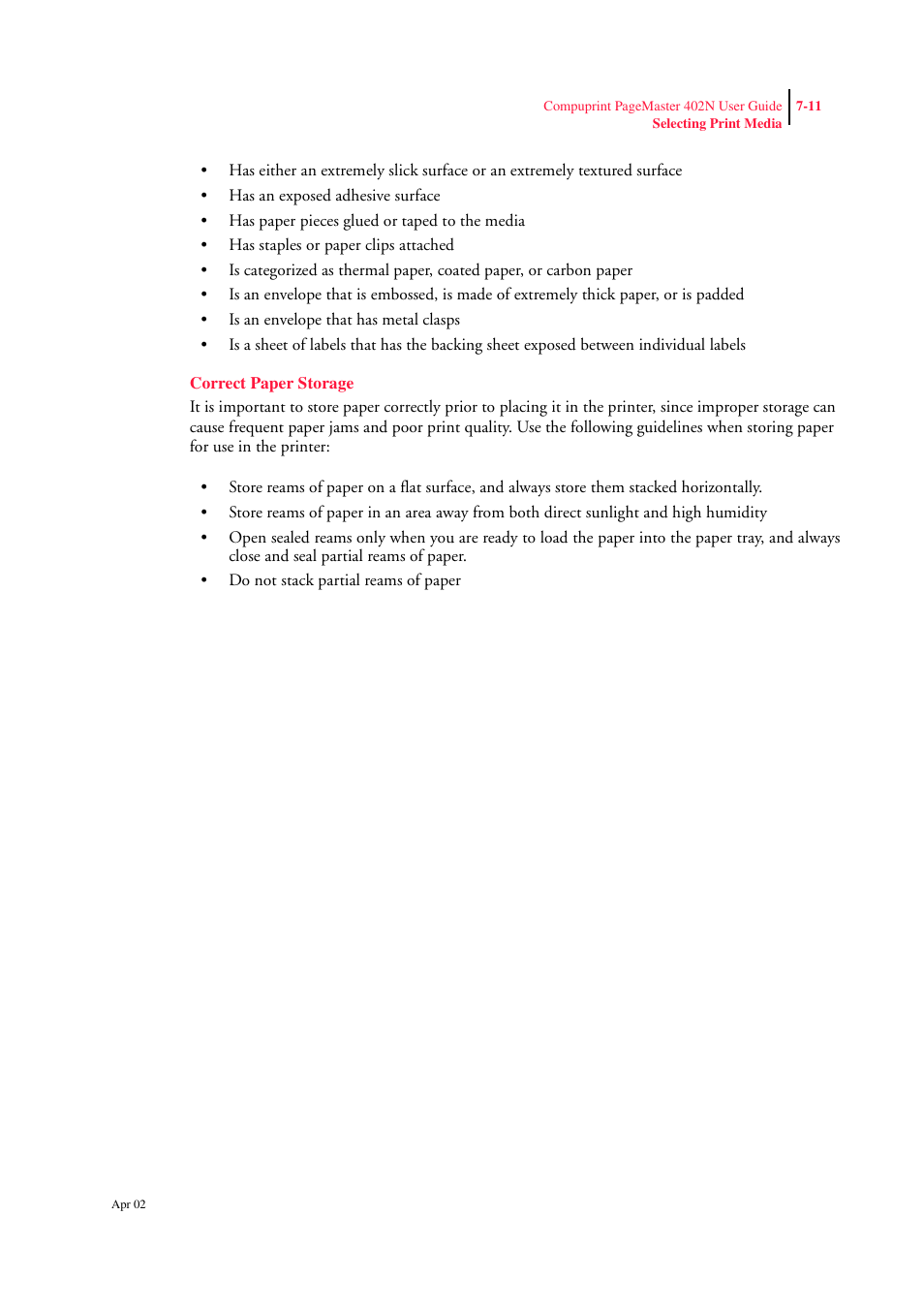 Correct paper storage, Correct paper storage 7-11 | CPG PageMaster 402N User Manual | Page 155 / 216